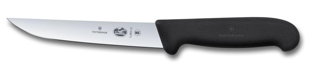 Victorinox Fibrox Tranchiermesser, Scharfes Küchenmesser für Fleisch und Geflügel, 15 cm, Gerade Klinge, Schmal, HACCP geeignet, Rutschfest, Schwarz