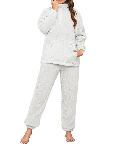 Mingzhu Women's Winter Fleece Pajama Set - Comfy Fuzzy Sleepwear With Pockets, Grey, Size Large