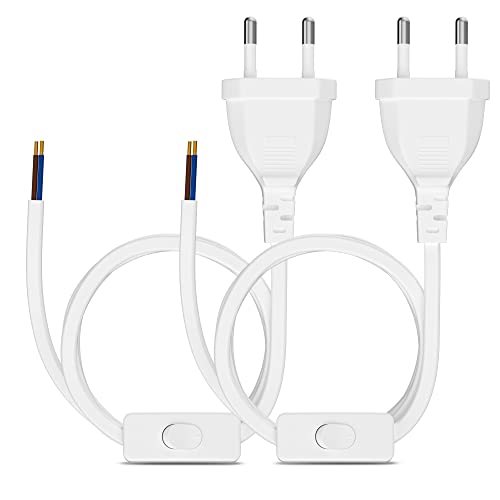 Euro - Cable de alimentación con interruptor (2 unidades, 3 m, cable de alimentación europeo, 2 cables de repuesto con interruptor tipo C, 2 x 0,75 mm², para luces, lámparas, bombillas, color blanco Cover