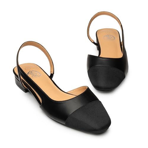 Trary Slingback Flats for Women, Black Dressy Comfortable Round Square Toe Shoes, Work Office Casual Ankle Strap Dress Flats