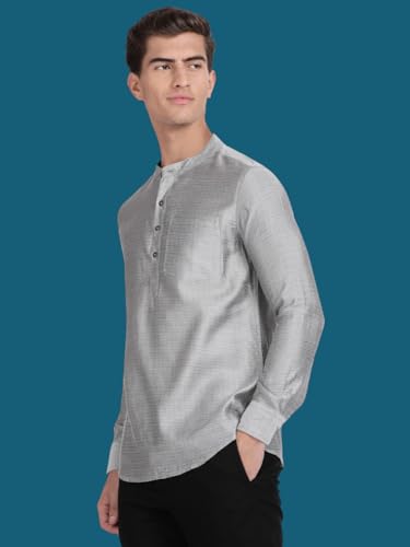 Image of KRYPTIC Men's Full Sleeve Regular Fit Short Kurta in Premium Pure Cotton with Patch Pocket and Mandarin Collar - Perfect Blend of Style and Comfort