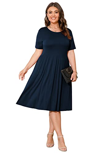 Image of POSESHE Womens Plus Size Summer Dress 2026 Casual Short Sleeve Empire Waist Loose Fit Swing T-Shirt Dress with Pockets