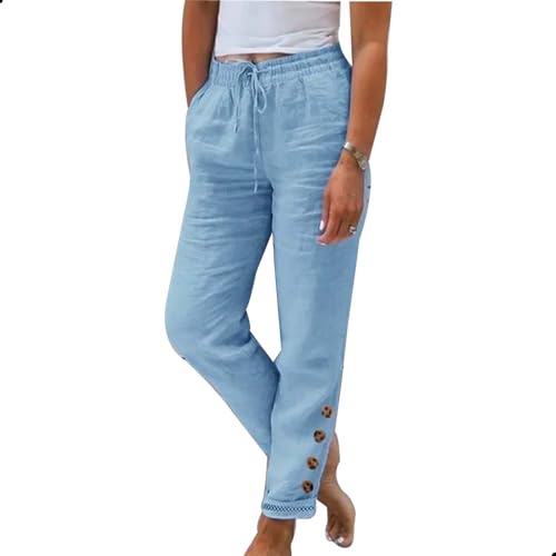 Womens Linen Pants with Pockets High Waist Comfy White Summer Pants Lightweight Loose Trousers