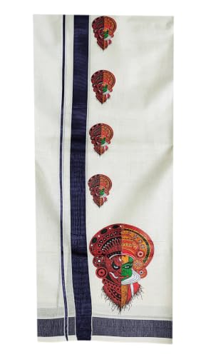 Image of Mens Print along with Border 100% Cotton Cream Dhoti 4.00 Meters Double Mundu /Vesti