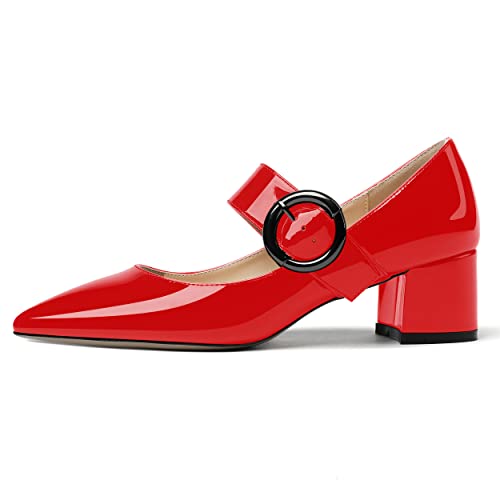 WAYDERNS Women's Mary Jane Adjustable Strap Pointed Toe Patent Chunky Low Heel Pumps Shoes 2 Inch2
