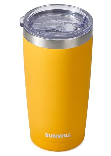 Image of SUNWILL Travel Coffee Tumbler 20 oz, Insulated Mug with Lid, Stainless Steel Cup for Hot and Cold Drinks, Powder Coated Yellow