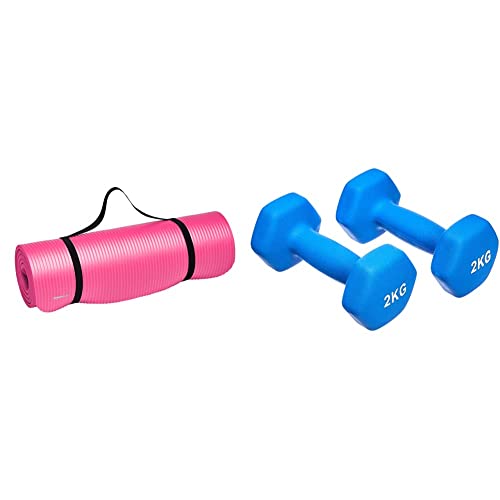 Image of AmazonBasics 13mm Extra Thick Yoga Mat with Carrying Strap, Pink & Neoprene Dumbbell Pair, 2 x 2Kg
