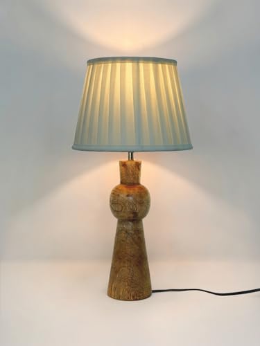 Image of Green Girgit Wooden Skirt Brown Table Lamp with Pleeted White Shade, Bedside Night Lamp with Printed Shade, Modern LED Ambient Lighting, E27 Bulb Compatible, Corded Electric, 6.5X9X18 inches