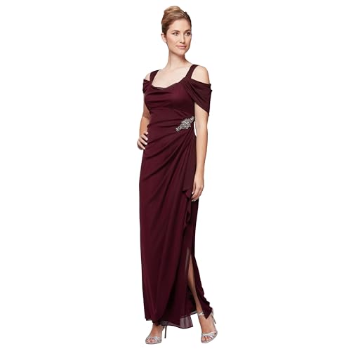 Image of Alex Evenings Women's Long Cold Shoulder Mother of the Bride Dress with Beaded Detail at Hip
