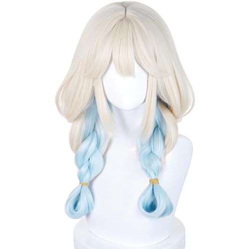 Image of Half and Half Long Blonde Blue Braid Anime Cute-Puppy Cosplay Wig with Bangs Kawaii Lolita Costume Wigs + Bow + Hairpins for Women Halloween Party