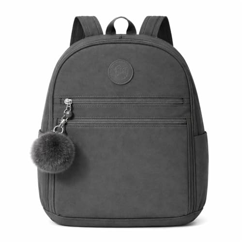 Mochila Pequena Feminina em Tactel com Pompom Premium Impermeável, Leve e Resistente, Design Moderno com Zíper Reforçado, Mochilinha de Nylon Resistente a Água (Cinza Escura)