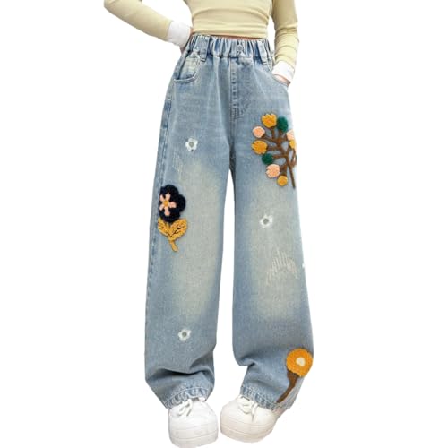 HBER Girl’s Baggy Straight Leg Jeans Casual Y2K Cute Embroidered Elastic Waist Loose Fit Denim Pants for Kids Teen Girls
