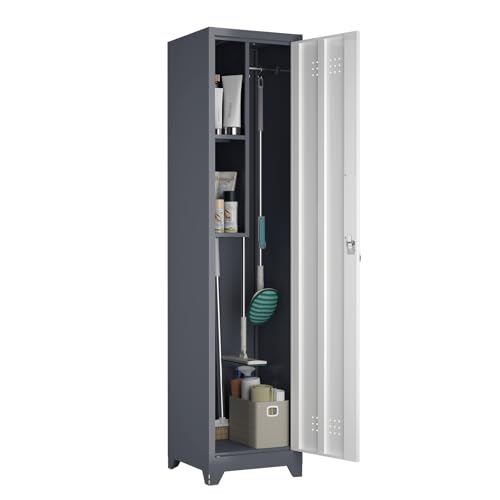 Image of Metal Broom Storage Cabinets, Narrow Cabinet with Hooks, 65 inch Slim Bathroom Storage Cabinet with Shelves, Heavy-Duty Cleaning Cabinets for Utility Room, Gym, Office, Garage