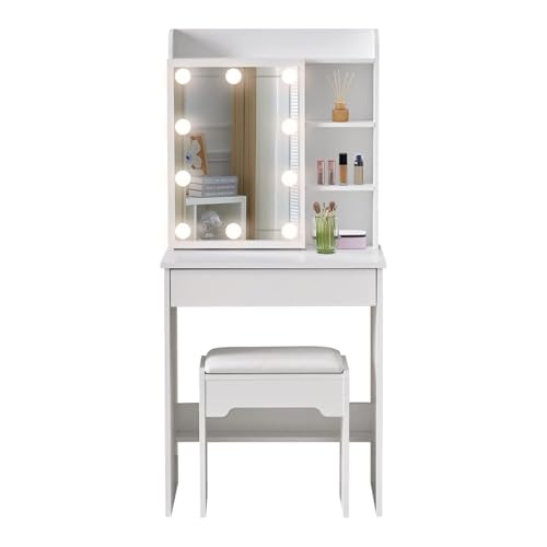 LEMROE Coiffeuse Hollywood avec Miroir LED et Tabouret, Table de Maquillage,Bureau Coiffeuse Blanche avec 7 étagères et 1 Grand Tiroir pour Chambre à Coucher