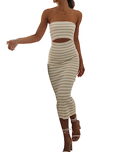 NUFIWI Women Summer Strapless Knitted Long Dress Off Shoulder Striped Cutout Midi Dress Bodycon Backless Beach Sun Dress4