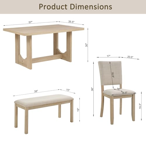 Image of KEIKI 6-Piece Standard Height Dining Table Set with Rectangular Table, 4 Upholstered Curved Backrset Chair, Bench, for 6 Person, Modern Table Set, Easy Assembly, for Kitchen, Dining Room, Beige