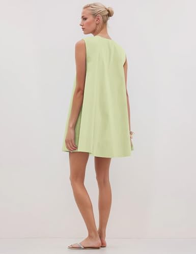 Image of Women Summer Sleeveless Babydoll Mini Dress Scoop Neck Loose Fit Tank Dresses Party Ruched Short Dress with Pockets