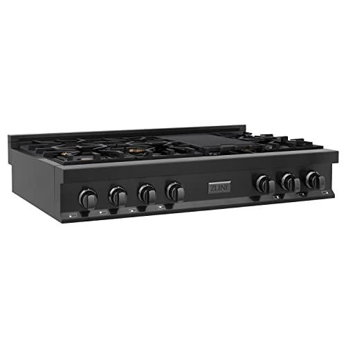 Zline Kitchen And Bath RTB-BR-48 Zline 48 Inch Porcelain Rangetop In Black Stainless Steel With 7 Gas Brass Burners cover