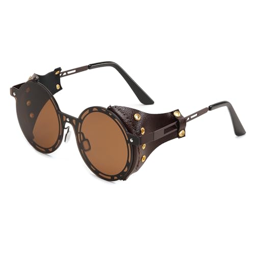 FEISEDY Retro Round Steampunk Sunglasses Women Men Vintage Eyewear Metal Frame Leatherwear B0140