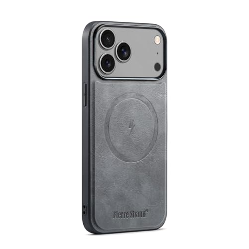 Étui iPhone 17 Pro Max gris : coque arrière magnétique en cuir fin et silicone