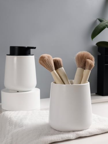 Image of Bosilunlife Soap and Toothbrush Holder Set - Ceramic Bathroom Accessories Set White Liquid Hand Soap Dispenser Set for Bathroom Toothbrush Holder and Soap Dispenser Set