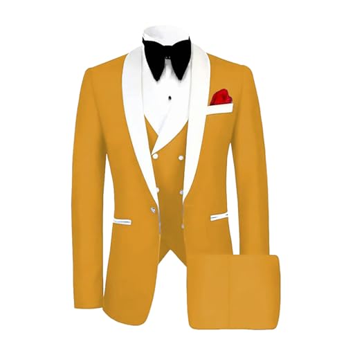 Men Classic Tuxedo 3 Pieces Blazers Vest Pants Fitted Jacket One Button Shawl Lapel Wedding Prom Set Orange