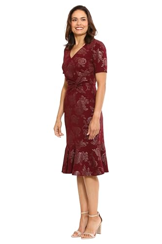 Image of London Times Women's V-Neck Dress - Flounce Hem, Twist Waist, Elegant Office & Event Wear