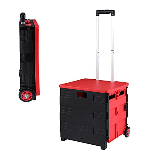 Foldable Shopping Utility Rolling Cart - Collapsible Grocery Luggage Trolley , Rolling Crate Organizer Box with Quiet Wheels for Outdoor, Tools, Trunk, Picnic (Black-Red)