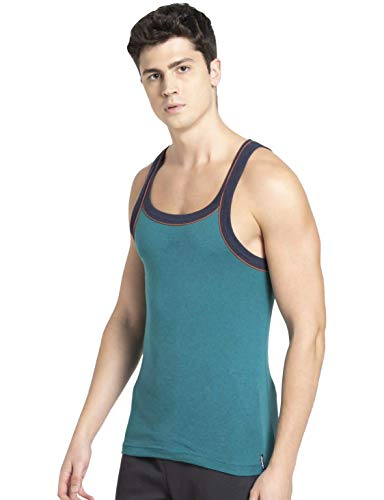 Image of Jockey US54 Men's Super Combed Cotton Rib Square Neckline Gym Vest with Back Panel Graphic Print (Shoulder Starp Color May Vary)