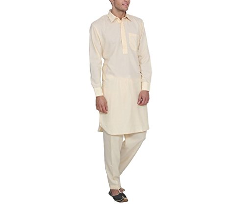 Kurta Pathani y Salwar para hombre con conjunto de polialgodón y bordado Royal Collar