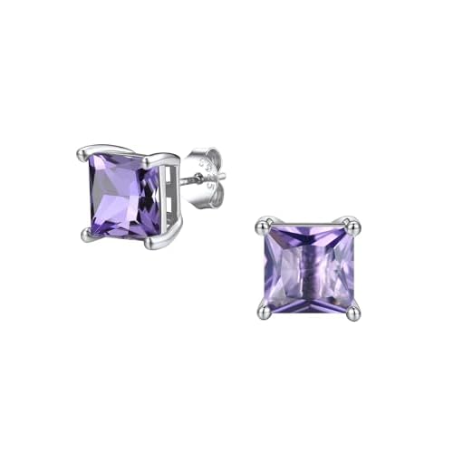 FindChic Birthstone Stud Earrings for Women, Princess Cut Silver Plated Stud Earrings Cubic Zirconia Hypoallergenic Studs, with 925 Sterling Silver Po