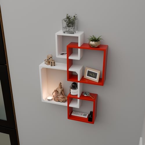 Image of ETIQUETTE ART Floating Cube Shelves - Intersecting Wall Mounted Decor for Bedrooms, Living Rooms & More - Set of 4 Box Shelves (Red & White)