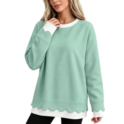Pink Crewneck Sweatshirt for Women Scallop Hem Trendy Long Sleeve Tops - image 1
