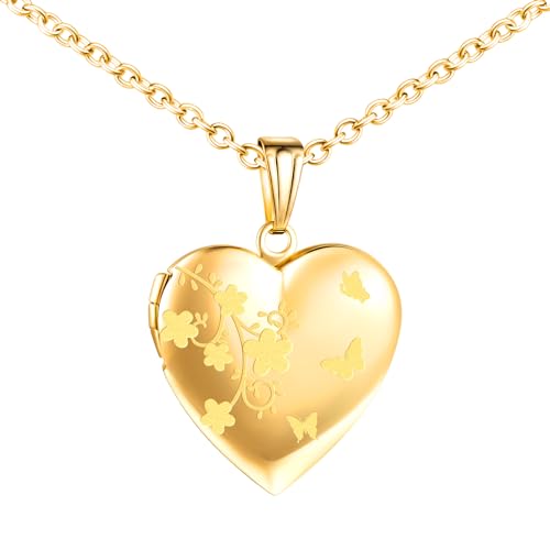 MICMIF Collier Médaillon Cœur avec Fleurs et Papillons, Acier inoxydable Pendentif Porte Photo Médaillon pour 2 Photo Personnalisé Pendentif avec Chaîne...