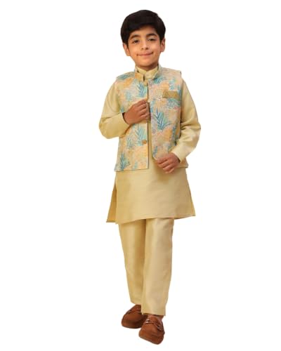 Image of Pro-Ethic Style Developer Kids Kurta Set For Boys With Waist Coat, Ethnic Wear for Diwali, Eid, Raksha Bandhan, Jacquard, Floral Print (Pack of 1)