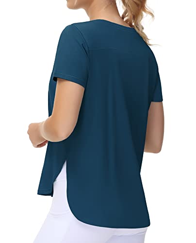 ذا جيم بيبول تي شيرت رياضي للنساء بقصة فضفاضة واكمام قصيرة مصنوع من القطن مع حاشية مقسمة، لون ازرق داكن واخضر، مقاس L