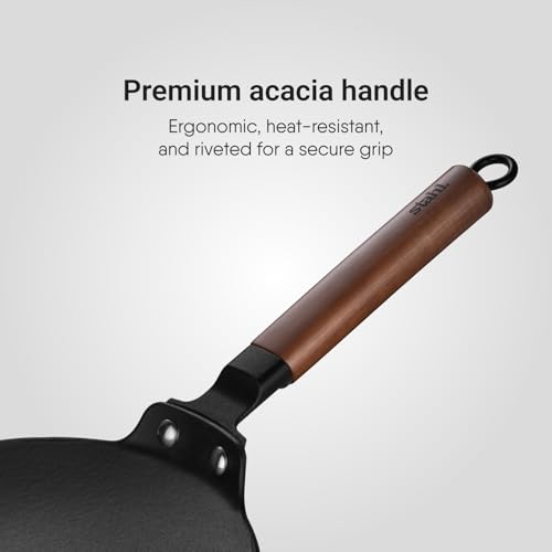 Image of Stahl Blacksmith Signature 26 cm Cast Iron Roti Tawa | for Fluffier Rotis, Crispier Parathas & Golden Chillas | Induction & Gas Stove Compatible | Acacia Wood Handle