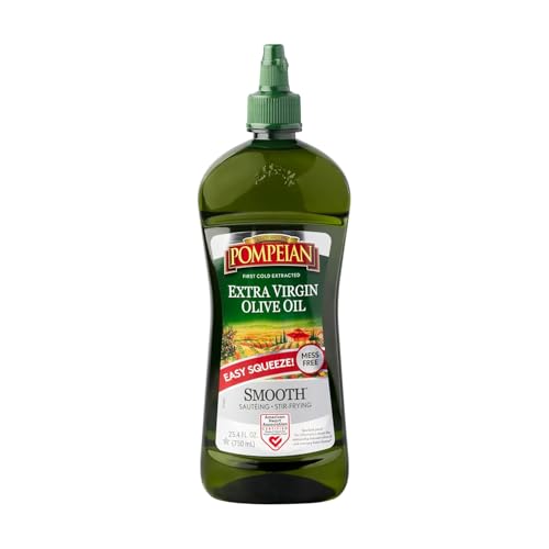 Pompeian Easy Squeeze, Smooth Extra Virgin Olive Oil, First Cold Pressed, Mild and Delicate Flavor, Mess Free, Perfect for Sauteing and Stir-Frying, 25.4 Fl Oz., Single Squeeze Bottle