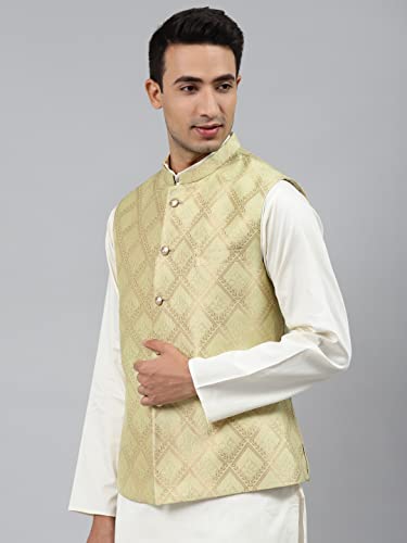 Image of MANQ Men Fawn Woven Jaquard Silk Nehru Jacket