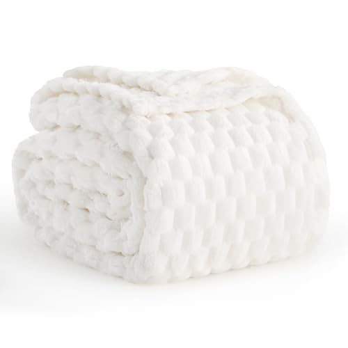 Aisbo White Throws Blankets for Sofa - Single Fleece Fluffy Bed Throws for Sofas Soft Warm Fuzzy Blanket for Couch 130x150 cm