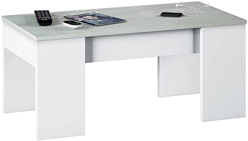 Dmora Table Basse Oceanside, Table Basse avec Plateau élévateur, Table Basse de Salon, 100x50h45/56 cm, Blanc et béton