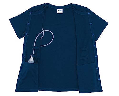 RENOVA MEDICAL WEAR Camisa de recuperación de mastectomía con bolsillos de drenaje, Azul, M