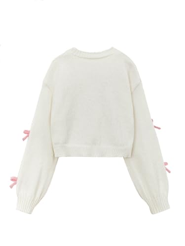 SHENHE Girl's Bow Button Down Knitted Cardigan V Neck Loose Cute Crop Sweater Outwear2