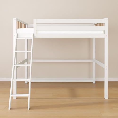 Image of Max & Lily Scandinavian Twin Loft Bed - Modern Solid Wood Kids' High Loft with 14 inch Guard Rails, Angled Ladder with Anti-Slip setps, 400-lb Capacity, Easy Assembly, White /Blonde
