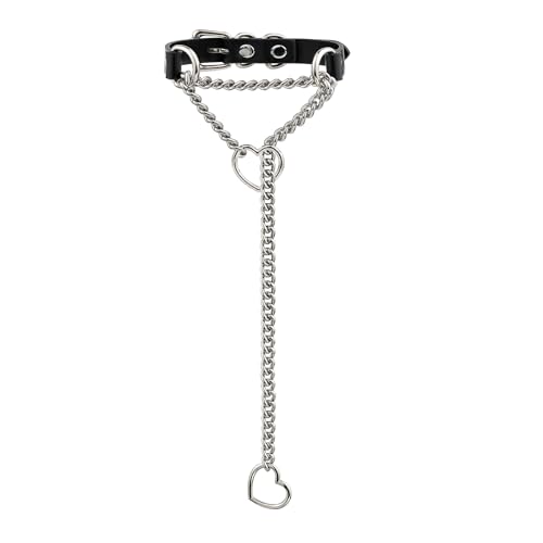 ADEMISHIA Handgefertigtes schwarzes Lederhalsband für Frauen, Punk Gothic Herz O-Ring Schlupfkette lange Halskette mit verstellbarer Schnalle (Schwarz&Silber)