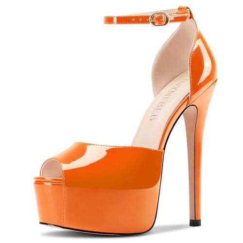 Image of TNYNFBEB Womens Stiletto High Platform Heel Peep Open Toe Sandals Ankle Strap Buckle Prom Party Dress Patent Leather 6.1 Inches Heels