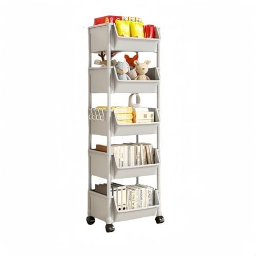 MAKETOMONEY キッチンワゴン ワゴン キッチンラック 静音キャスター付き キッチントローリー 教科書収納棚 移動式本棚 絵本棚 プラスチック製 移動可能 収納棚 収納ワゴン キッチン収納カート 組立簡単 収納ラック (グレー + フック,5層-開