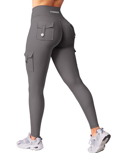 YEOREO CoreFlex Leggings sportivi da donna con tasche, Invisible Scrunch Butt Gym Leggings High Waist Boom Booty Seamless Push Up Opaco Yoga Sport Leggings, grigio scuro, M