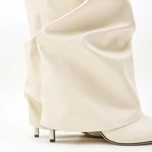 Image of Women's Knee High Boots Fold Over High Heel Pointed Toe Black White Long Boots Women Dress Tall Boots for Women
