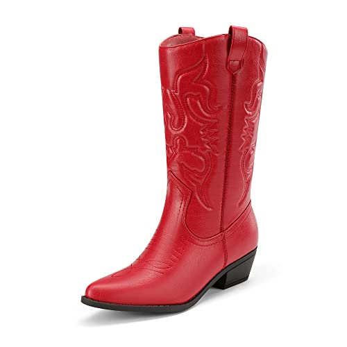 DREAM PAIRS Women's Cowboy Boots Pull On Cowgirl Boots Mid Calf Western Boots, Available in Regular and Wide Calf 5 Red